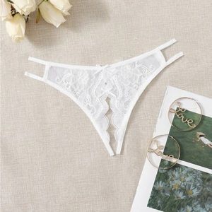 New White Floral Lace Strappy Crotchless Thong Panties